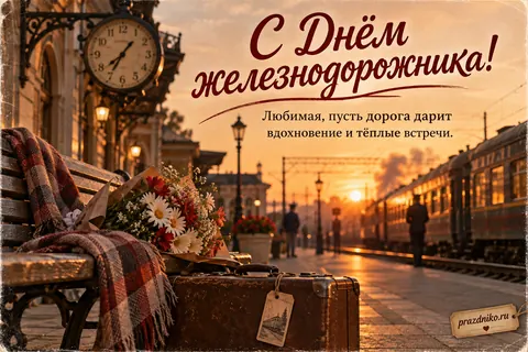 Открытка «День железнодорожника» — любимой: С Днём железнодорожника!
Любимая, пусть дорога дарит вдохновение и тёплые встречи.