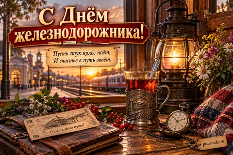 Открытка «День железнодорожника»: С Днём железнодорожника!
Пусть стук колёс поёт,
И счастье в путь зовёт.
Счастливого пути!
