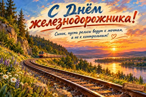 Открытка «День железнодорожника» — сыну: С Днём железнодорожника!
Сынок, пусть рельсы ведут к мечтам,
а не к контрольным!