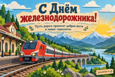 Открытка «День железнодорожника»: С Днём железнодорожника!
Пусть дорога приносит добрые вести
и новые горизонты.