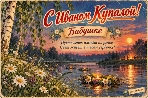Открытка «Иван Купала» — бабушке: С Иваном Купалой!
Бабушке
Пусть венок плывёт по речке,
Свет живёт в твоём сердечке!
prazdniko.ru