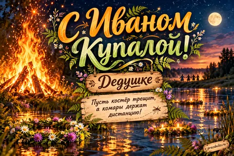 Открытка «Иван Купала» — дедушке: С Иваном Купалой!
Дедушке
Пусть костёр трещит, а комары держат дистанцию!
prazdniko.ru