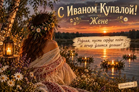Открытка «Иван Купала» — жене: С Иваном Купалой!
Жене
Родная, пусть сердце поёт и вечер длится дольше!
prazdniko.ru