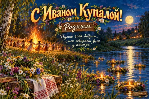 Открытка «Иван Купала» — родным: С Иваном Купалой!
Родным
Пусть вода бодрит,
а смех собирает всех
у костра!
prazdniko.ru