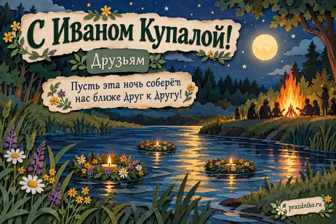 Открытка «Иван Купала» — друзьям: С Иваном Купалой!
Друзьям
Пусть эта ночь соберёт
нас ближе друг к другу!
prazdniko.ru