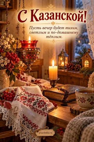Открытка «День Казанской иконы Божией Матери»: С Казанской!
Пусть вечер будет тихим, светлым и по-домашнему тёплым.
prazdniko.ru
