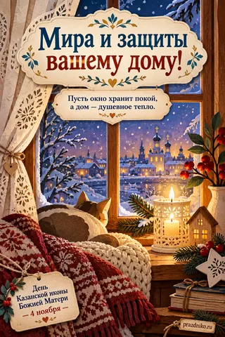 Открытка «День Казанской иконы Божией Матери»: Мира и защиты вашему дому!
Пусть окно хранит покой, а дом — душевное тепло.
День Казанской иконы Божией Матери
4 ноября