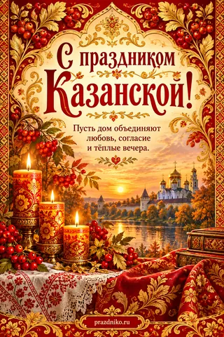 Открытка «День Казанской иконы Божией Матери»: С праздником Казанской!
Пусть дом объединяют любовь, согласие и тёплые вечера.
