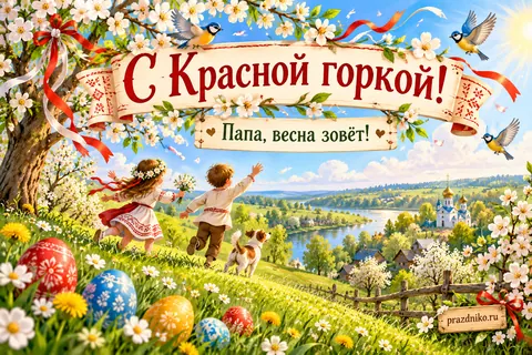Открытка «Красная горка» — папе: С Красной горкой!
Папа, весна зовёт!
