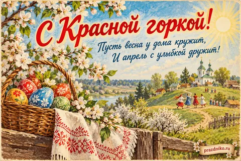 Открытка «Красная горка»: С Красной горкой!
Пусть весна у дома кружит,
И апрель с улыбкой дружит!