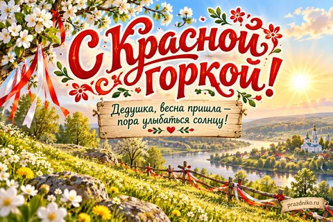 Открытка «Красная горка» — дедушке: С Красной горкой!
Дедушка, весна пришла — пора улыбаться солнцу!