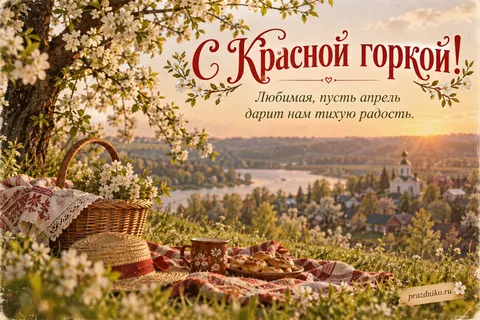 Открытка «Красная горка» — любимой: С Красной горкой!
Любимая, пусть апрель дарит нам тихую радость.