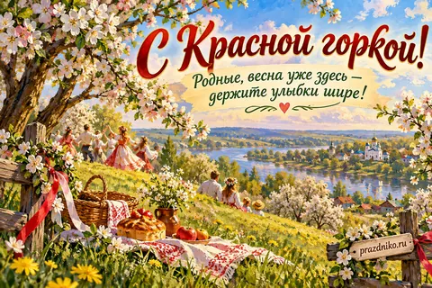 Открытка «Красная горка» — родителям: С Красной горкой!
Родные, весна уже здесь — держите улыбки шире!