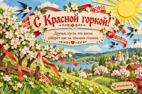 Открытка «Красная горка» — друзьям: С Красной горкой!
Друзья, пусть эта весна соберёт нас за тёплым столом.