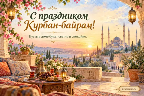 Открытка «Курбан-байрам»: С праздником Курбан-байрам!
Пусть в доме будет светло и спокойно.