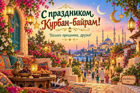 Открытка «Курбан-байрам» — друзьям: С праздником Курбан-байрам!
Тёплого праздника, друзья!