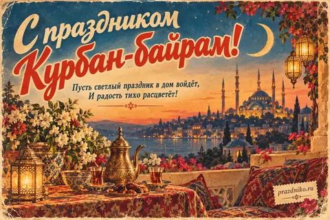 Открытка «Курбан-байрам»: С праздником Курбан-байрам!
Пусть светлый праздник в дом войдёт,
И радость тихо расцветёт!