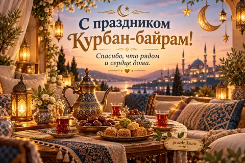 Открытка «Курбан-байрам»: С праздником Курбан-байрам!
Спасибо, что рядом и сердце дома.
prazdniko.ru