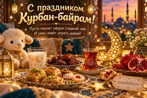 Открытка «Курбан-байрам» — детям: С праздником Курбан-байрам!
Пусть пахнет мёдом сладкий чай,
И смех зовёт играть давай!
prazdniko.ru