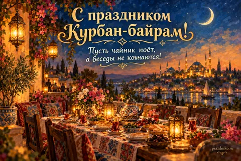 Открытка «Курбан-байрам»: С праздником Курбан-байрам!
Пусть чайник поёт, а беседы не коннаются!
prazdniko.ru