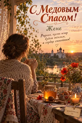 Открытка «Медовый Спас» — жене: С Медовым Спасом!
Жене
Родная, пусть вечер будет тёплым, а сердце спокойным!
prazdniko.ru