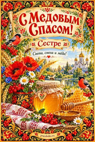 Открытка «Медовый Спас» — сестре: С Медовым Спасом!
Сестре
Света, смеха и мёда!
prazdniko.ru