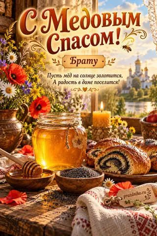 Открытка «Медовый Спас» — брату: С Медовым Спасом!
Брату
Пусть мёд на солнце золотится,
А радость в доме поселится!
prazdniko.ru