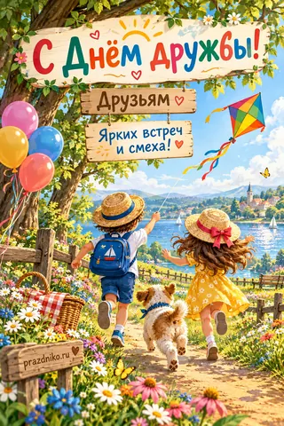 Открытка «Международный день дружбы» — друзьям: С Днём дружбы! Друзьям
Ярких встреч и смеха!