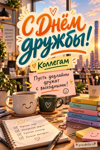 Открытка «Международный день дружбы» — коллегам: ХОРОШИЕ КОЛЛЕГИ ДЕЛАЮТ БОЛЬШИЕ ДЕЛА
С Днём дружбы!
Коллегам
Пусть дедлайны дружат с выходными!
ИДЕИ
ПЛАНЫ
ПОДДЕРЖКА
РАЗВИТИЕ
ДРУЖНАЯ КОМАНДА
Хорошие люди
Интересные задачи
Крепкая команда
Больше выходных
prazdniko.ru