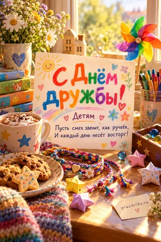 Открытка «Международный день дружбы» — детям: С Днём дружбы!
Детям
Пусть смех звенит, как ручеёк,
И каждый день несёт восторг!
prazdniko.ru