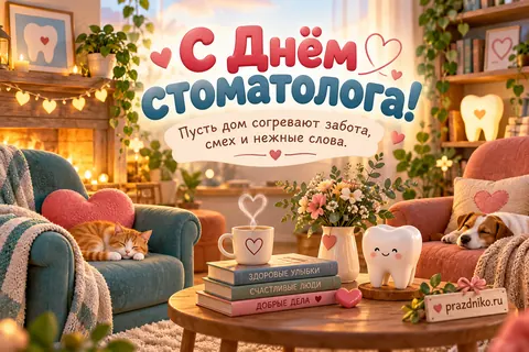 Открытка «Международный день стоматолога»: С Днём стоматолога!
Пусть дом согревают забота, смех и нежные слова.
prazdniko.ru