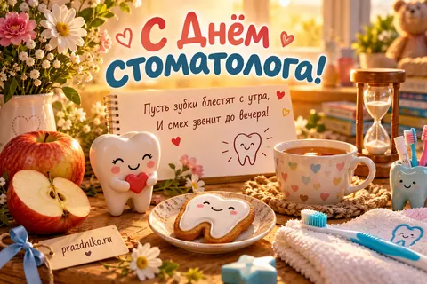 Открытка «Международный день стоматолога» — врачу: С Днём стоматолога!
Пусть зубки блестят с утра,
И смех звенит до вечера!