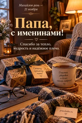 Открытка «Михайлов день» — папе: Михайлов день — 21 ноября
Папа, с именинами!
Спасибо за тепло, мудрость и надёжное плечо.
Самому лучшему папе!
Счастья, здоровья и всего самого доброго!
prazdniko.ru