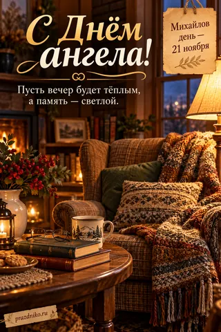 Открытка «Михайлов день»: С Днём ангела!
Михайлов день — 21 ноября
Пусть вечер будет тёплым, а память — светлой.
prazdniko.ru