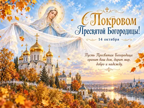 Открытка «Покров Пресвятой Богородицы»: С Покровом Пресвятой Богородицы!
14 октября
Пусть Пресвятая Богородица хранит ваш дом, дарит мир, добро и надежду.