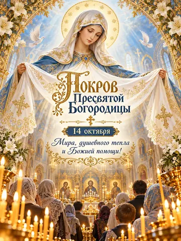 Открытка «Покров Пресвятой Богородицы»: Покров Пресвятой Богородицы
14 октября
Мира, душевного тепла и Божией помощи!