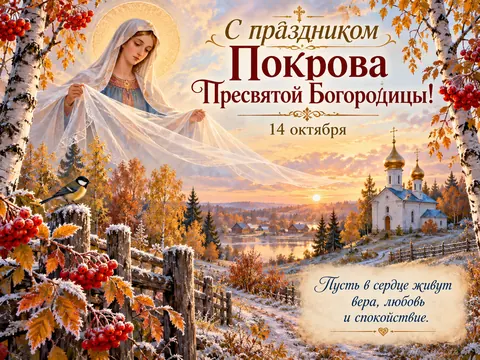 Открытка «Покров Пресвятой Богородицы»: С праздником Покрова Пресвятой Богородицы!
14 октября
Пусть в сердце живут вера, любовь и спокойствие.