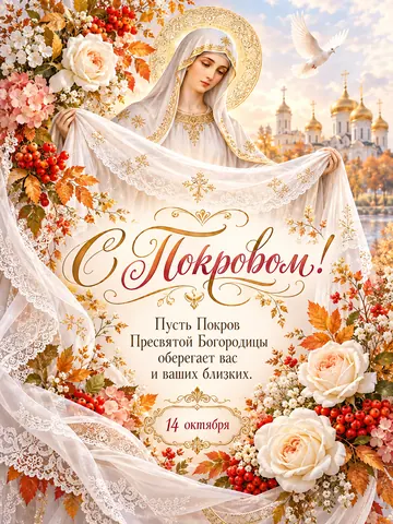 Открытка «Покров Пресвятой Богородицы»: С Покровом!
Пусть Покров Пресвятой Богородицы оберегает вас и ваших близких.
14 октября