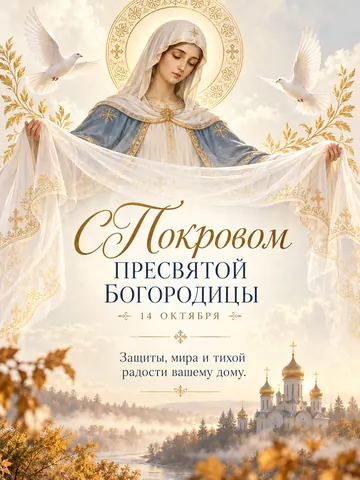 Открытка «Покров Пресвятой Богородицы»: С Покровом Пресвятой Богородицы
14 октября
Защиты, мира и тихой радости вашему дому.