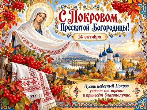 Открытка «Покров Пресвятой Богородицы»: С Покровом Пресвятой Богородицы!
14 октября
Пусть небесный Покров укроет от тревог и принесёт благополучие.