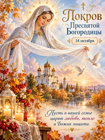 Открытка «Покров Пресвятой Богородицы»: Покров Пресвятой Богородицы
14 октября
Пусть в вашей семье царят любовь, тепло и Божия защита.