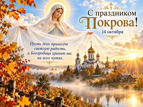 Открытка «Покров Пресвятой Богородицы»: С праздником Покрова!
14 октября
Пусть день принесёт светлую радость, а Богородица хранит вас на всех путях.