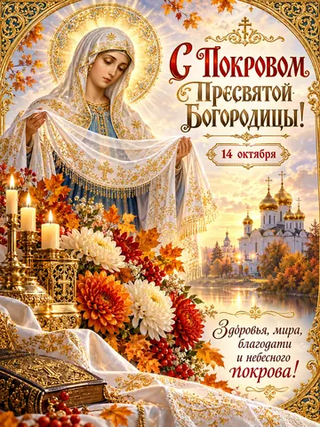 Открытка «Покров Пресвятой Богородицы»: С Покровом Пресвятой Богородицы!
14 октября
Здоровья, мира, благодати и небесного покрова!
