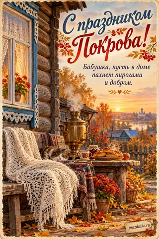 Открытка «Покров Пресвятой Богородицы» — бабушке: С праздником Покрова!
Бабушка, пусть в доме пахнет пирогами и добром.
prazdniko.ru