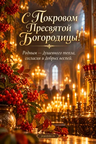 Открытка «Покров Пресвятой Богородицы» — родителям: С Покровом Пресвятой Богородицы!
Родным — душевного тепла, согласия и добрых веспей.
prazdniko.ru
