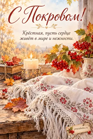 Открытка «Покров Пресвятой Богородицы» — крёстной: С Покровом!
Крёстная, пусть сердце живёт в мире и нежности.
prazdniko.ru