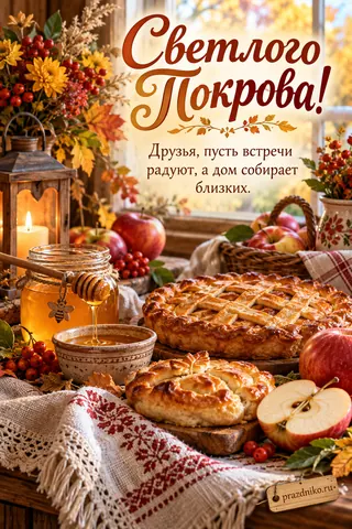 Открытка «Покров Пресвятой Богородицы» — друзьям: Светлого Покрова!
Друзья, пусть встречи радуют, а дом собирает близких.
prazdniko.ru