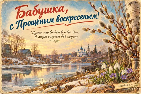 Открытка «Прощёное воскресенье» — бабушке: Бабушка, с Прощёным воскресеньем!
Пусть мир войдёт в твой дом,
А март согреет всё кругом.