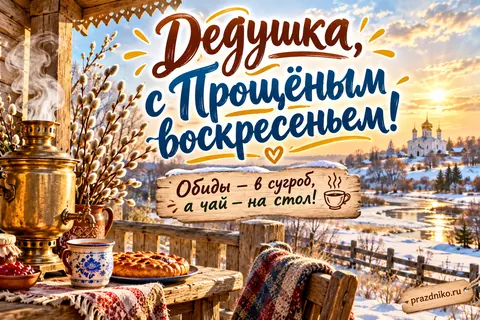 Открытка «Прощёное воскресенье» — дедушке: Дедушка, с Прощёным воскресеньем!
Обиды — в сугроб, а чай — на стол!