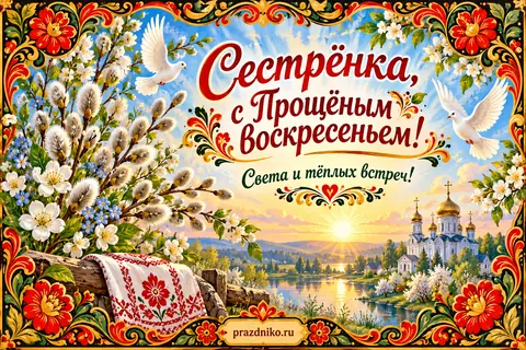 Открытка «Прощёное воскресенье» — сестре: Сестрёнка, с Прощёным воскресеньем!
Света и тёплых встреч!
